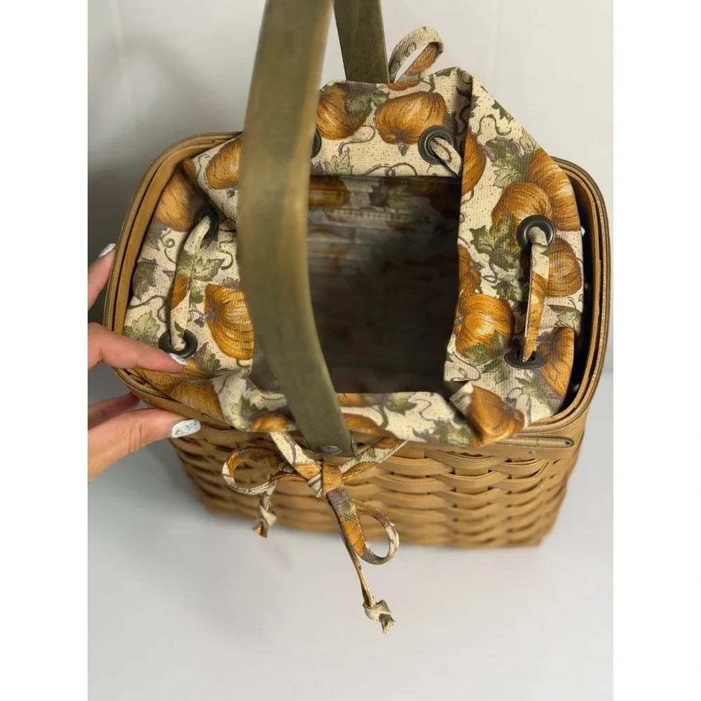 VTG Longaberger Autumn Tote Basket Brown Woven Wood Fabric Liner Handle 2003